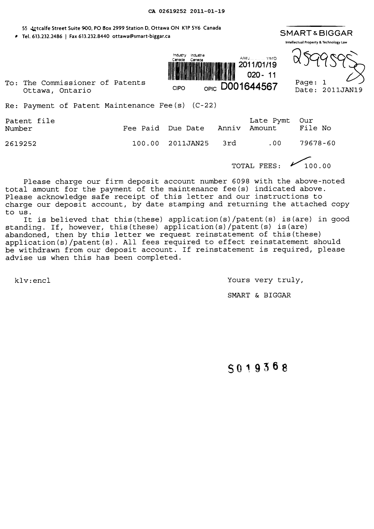 Document de brevet canadien 2619252. Taxes 20110119. Image 1 de 1