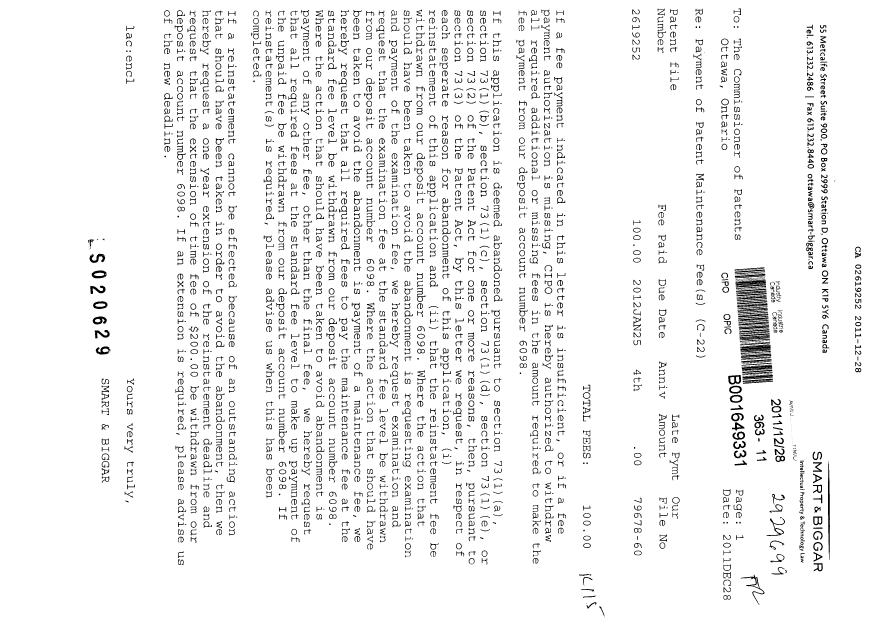 Document de brevet canadien 2619252. Taxes 20111228. Image 1 de 1