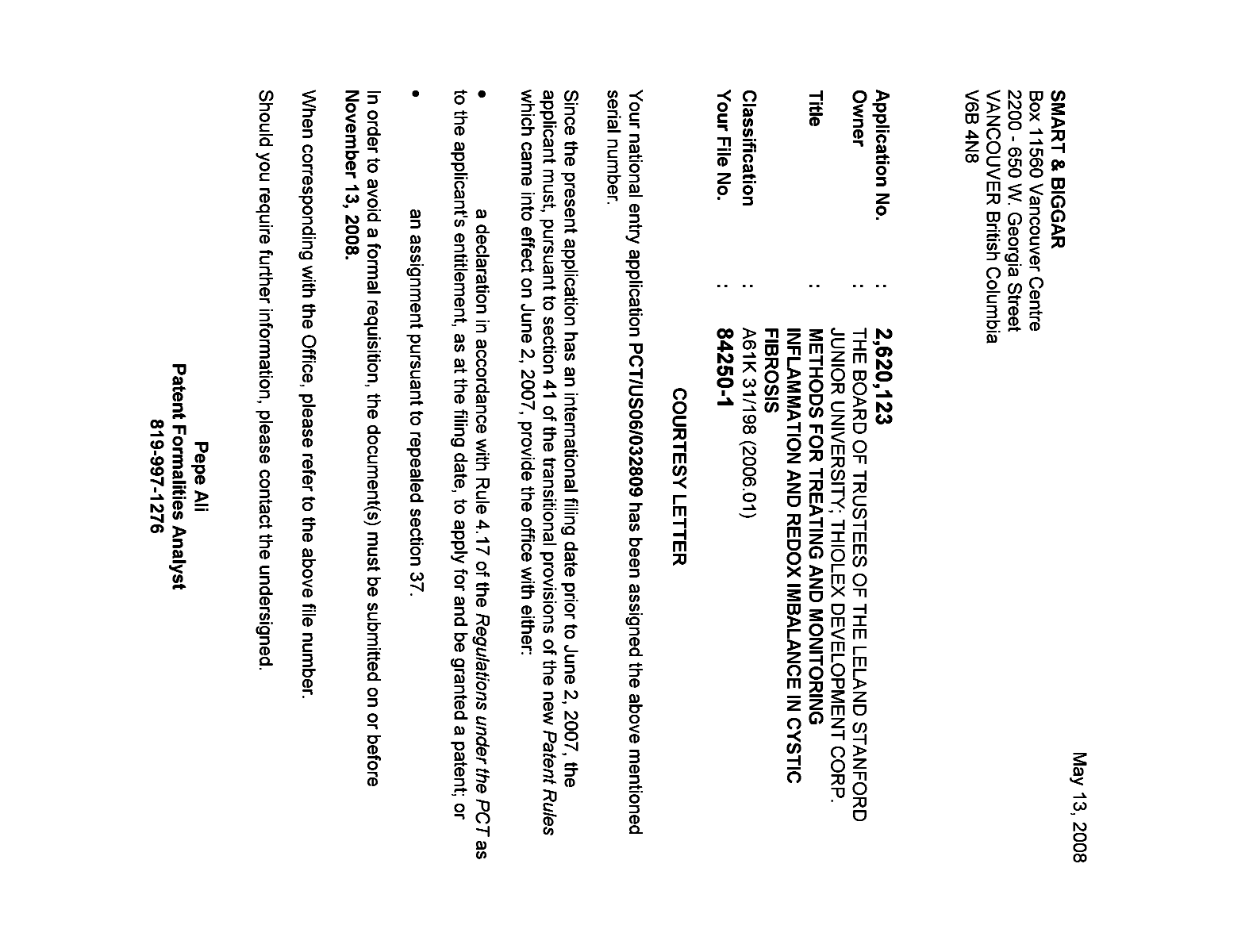 Canadian Patent Document 2620123. Correspondence 20080510. Image 1 of 1