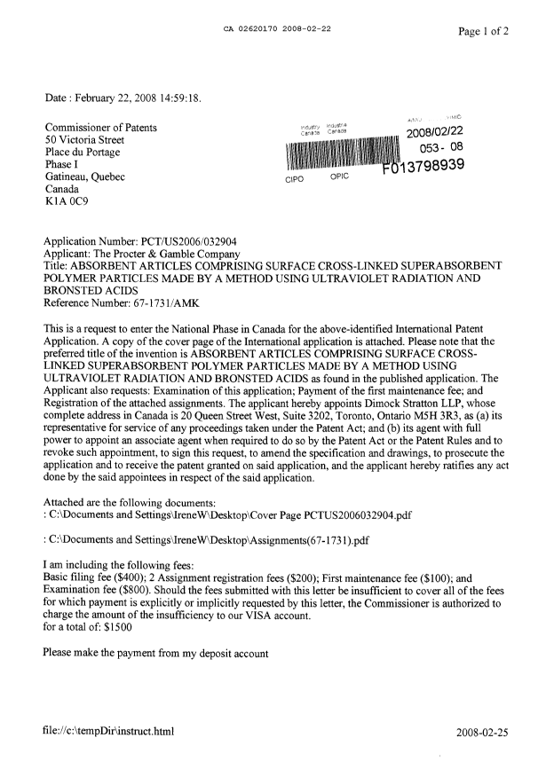Document de brevet canadien 2620170. Cession 20080222. Image 1 de 8