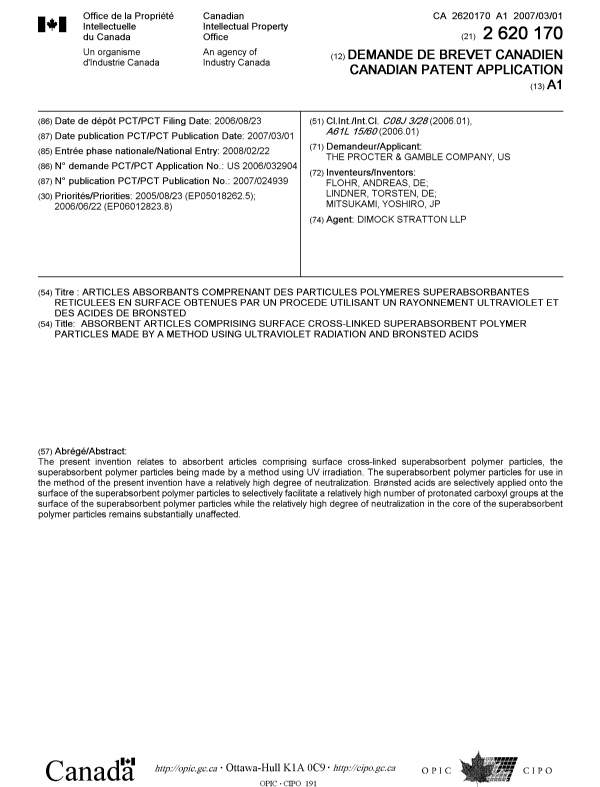 Document de brevet canadien 2620170. Page couverture 20080515. Image 1 de 1