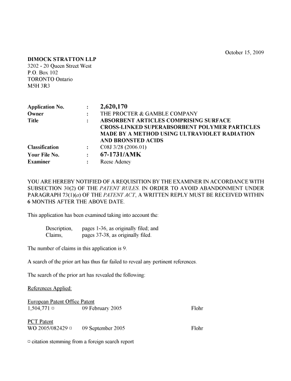 Canadian Patent Document 2620170. Prosecution-Amendment 20091015. Image 1 of 2