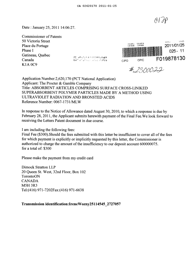 Canadian Patent Document 2620170. Correspondence 20110125. Image 1 of 1