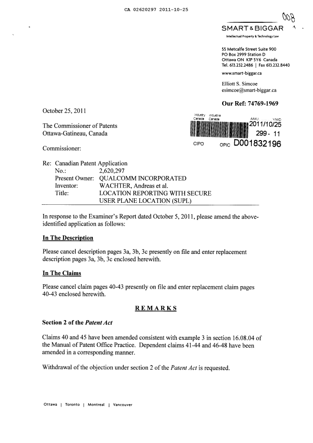 Canadian Patent Document 2620297. Prosecution-Amendment 20101225. Image 1 of 9