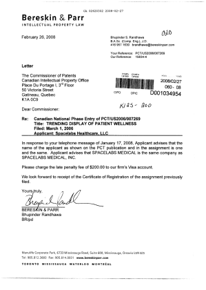 Document de brevet canadien 2620302. Correspondance 20080227. Image 1 de 1