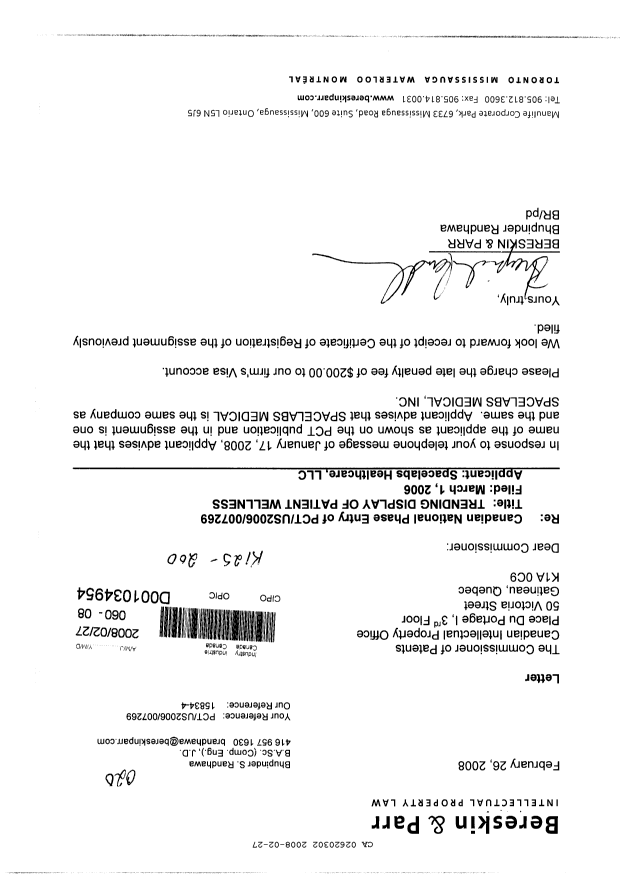 Canadian Patent Document 2620302. Correspondence 20080227. Image 1 of 1