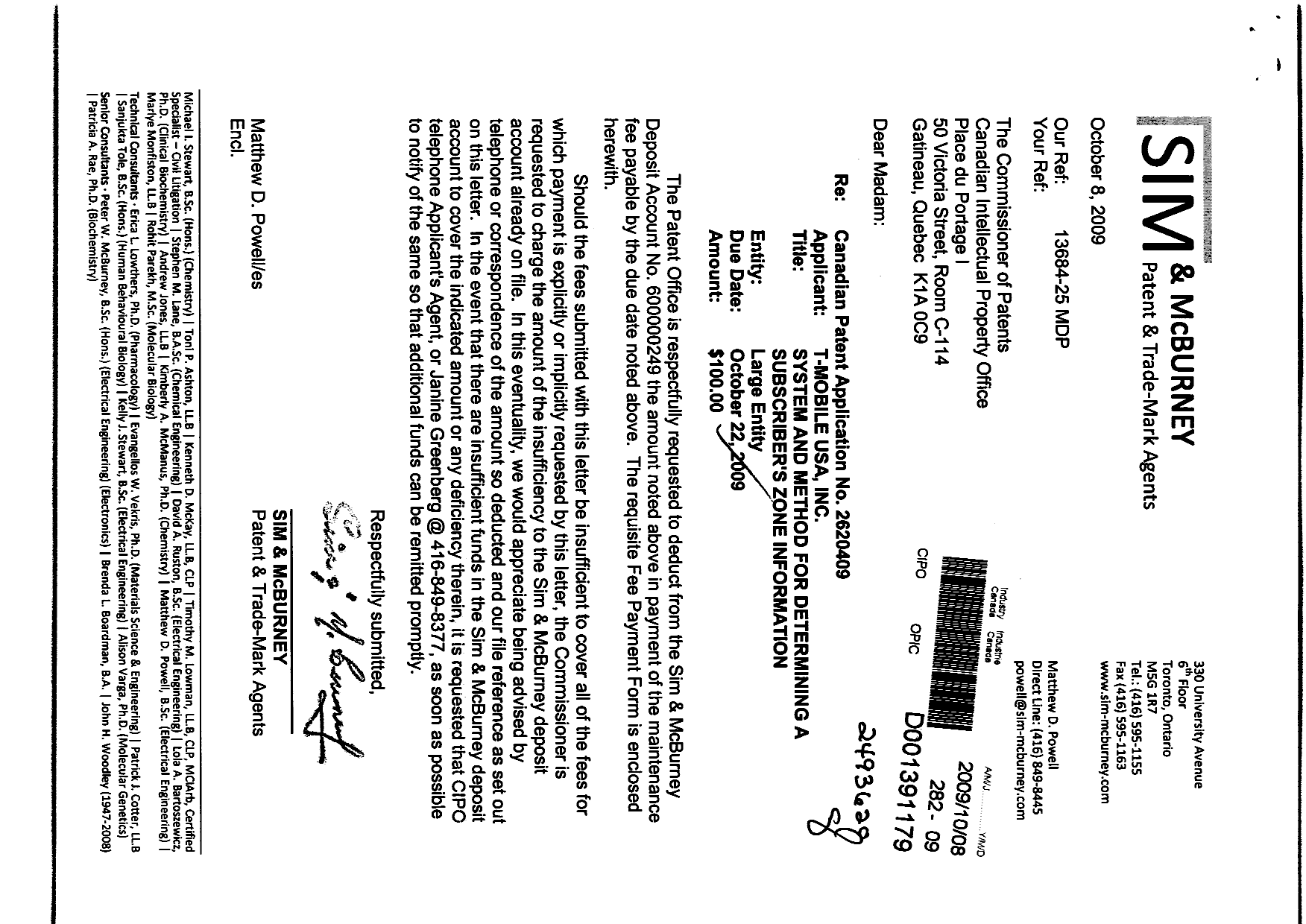 Document de brevet canadien 2620409. Taxes 20081208. Image 1 de 1
