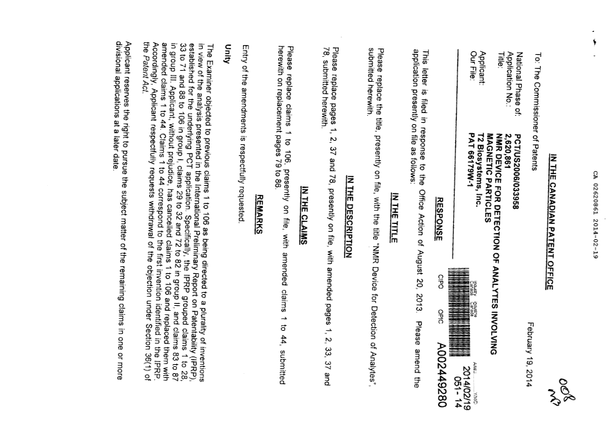 Canadian Patent Document 2620861. Prosecution-Amendment 20131219. Image 1 of 16