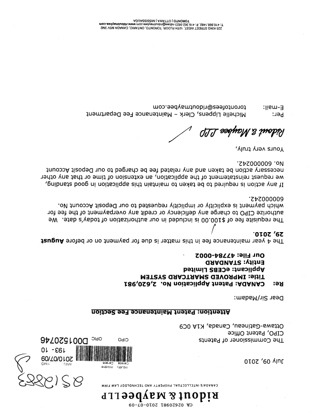 Canadian Patent Document 2620981. Fees 20100709. Image 1 of 1