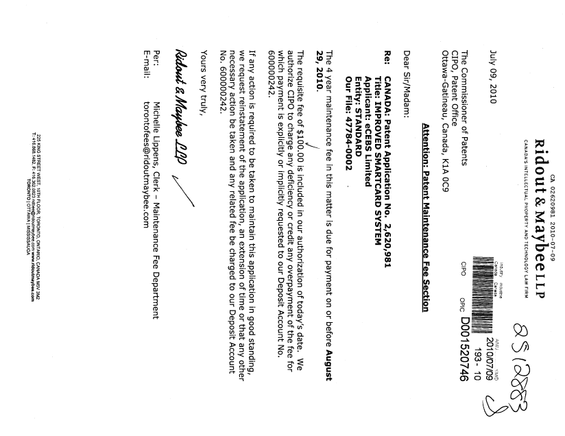 Document de brevet canadien 2620981. Taxes 20100709. Image 1 de 1