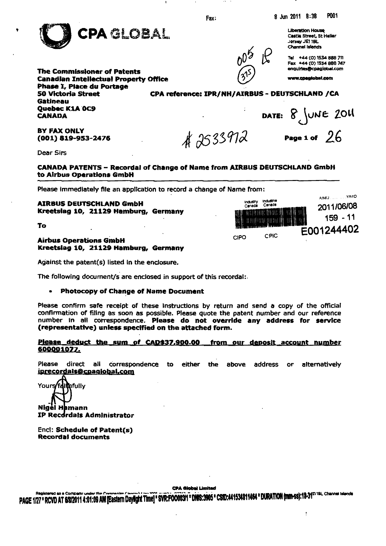 Document de brevet canadien 2621035. Cession 20110608. Image 1 de 27