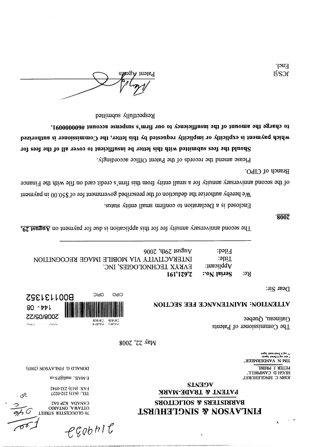 Canadian Patent Document 2621191. Fees 20071222. Image 1 of 2