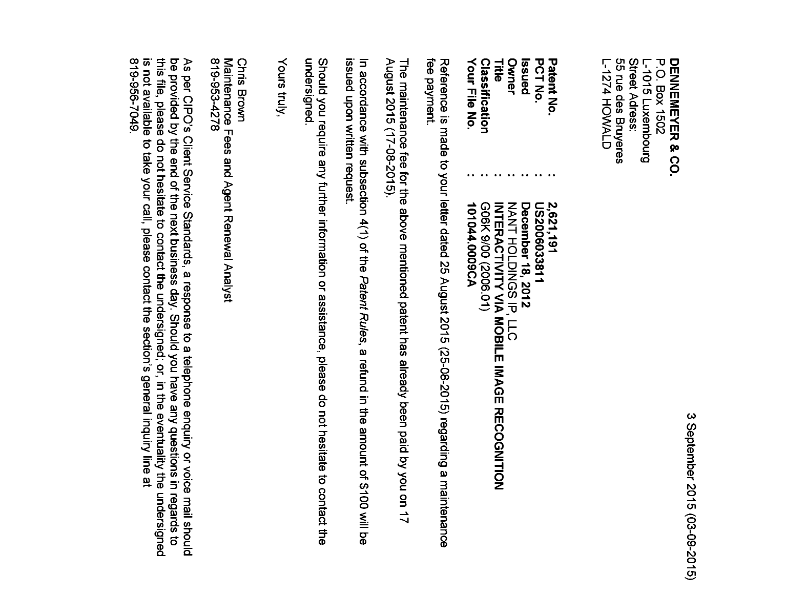 Document de brevet canadien 2621191. Lettre du bureau 20150903. Image 1 de 1