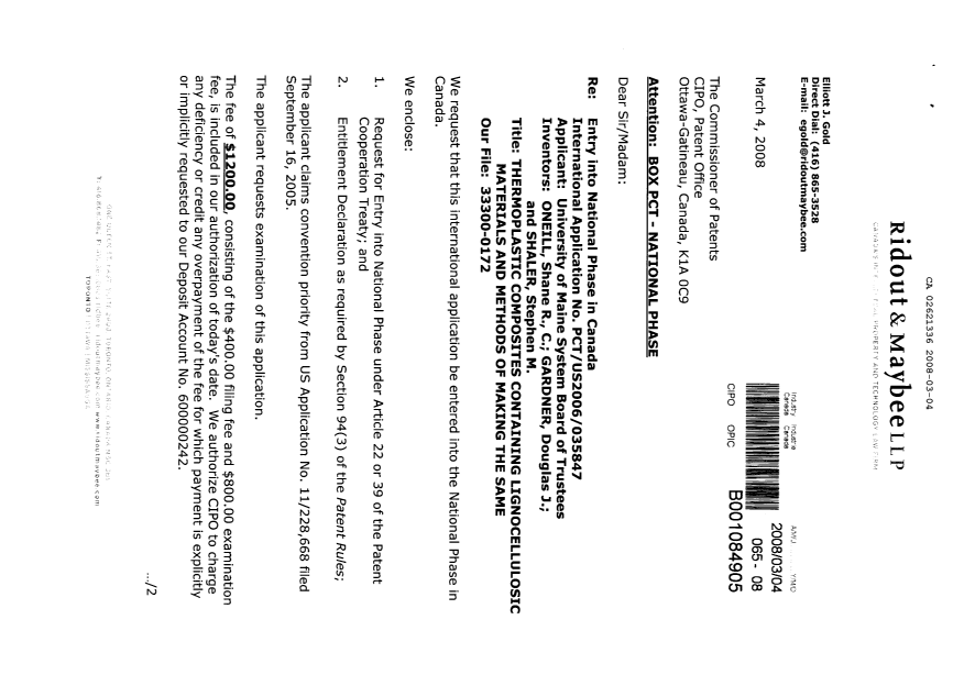 Document de brevet canadien 2621336. Cession 20080304. Image 1 de 6