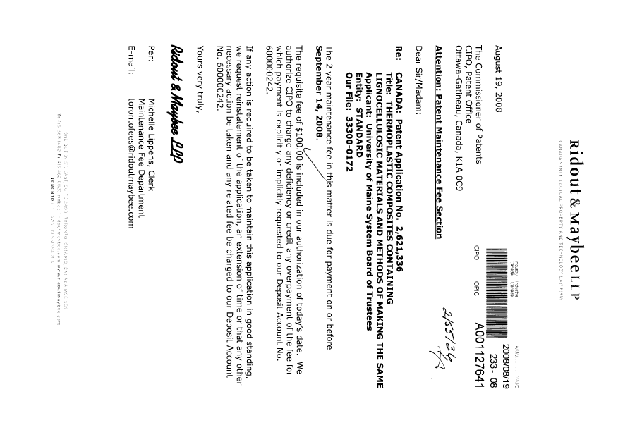 Document de brevet canadien 2621336. Taxes 20080819. Image 1 de 1