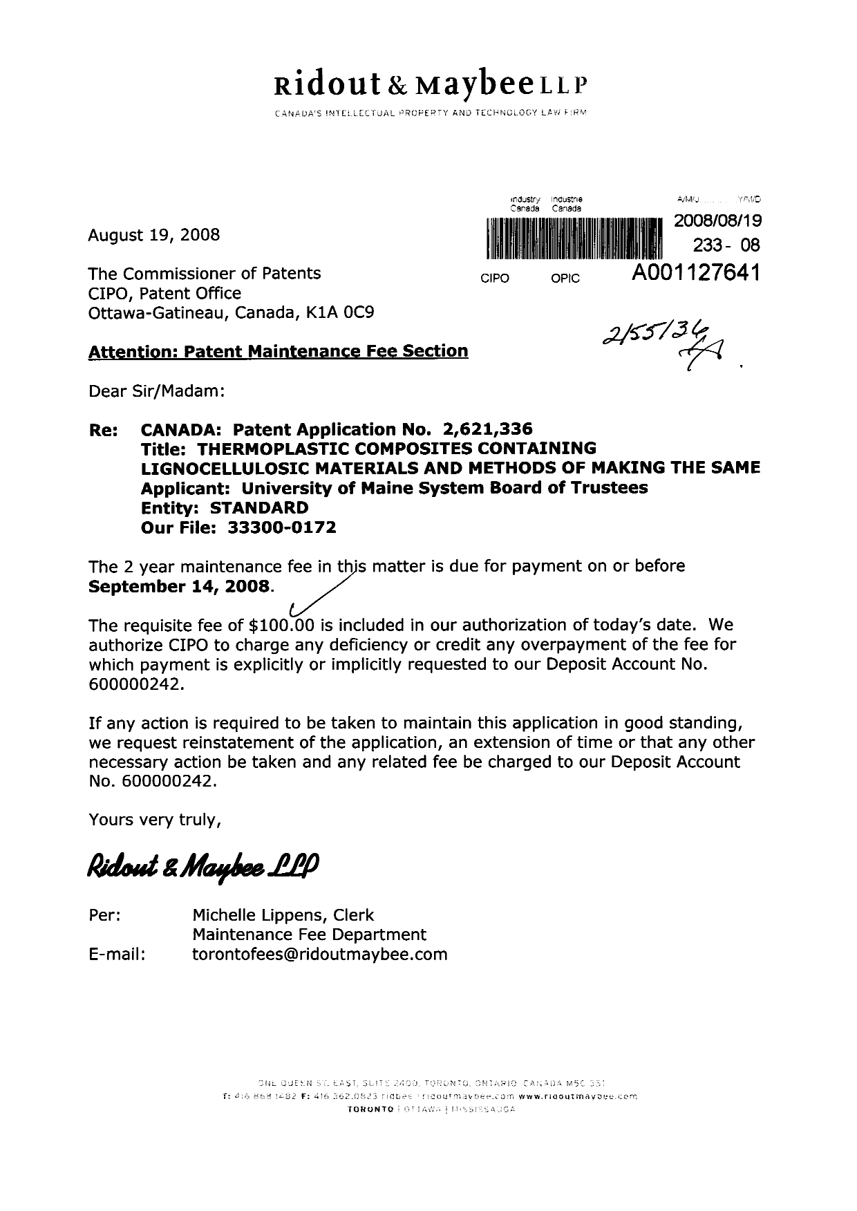 Document de brevet canadien 2621336. Taxes 20080819. Image 1 de 1