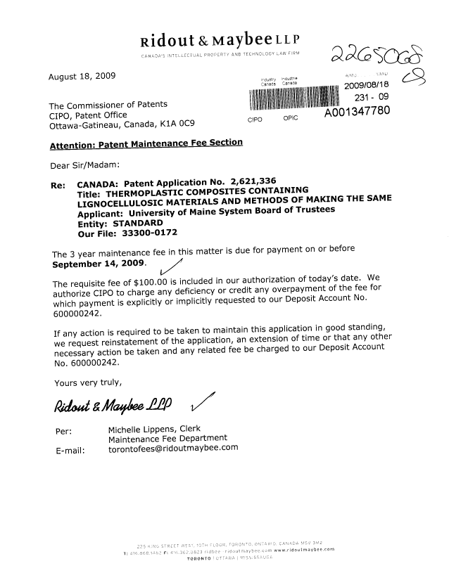 Canadian Patent Document 2621336. Fees 20090818. Image 1 of 1
