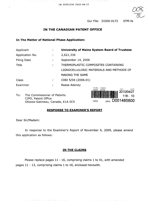 Canadian Patent Document 2621336. Prosecution-Amendment 20100427. Image 1 of 9