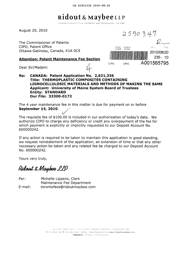Canadian Patent Document 2621336. Fees 20100820. Image 1 of 1