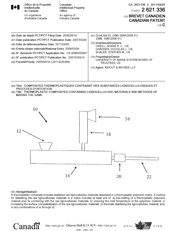 Canadian Patent Document 2621336. Cover Page 20110308. Image 1 of 1
