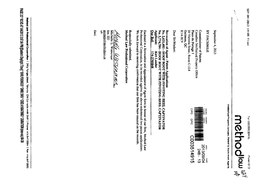 Document de brevet canadien 2621402. Correspondance 20130904. Image 1 de 3