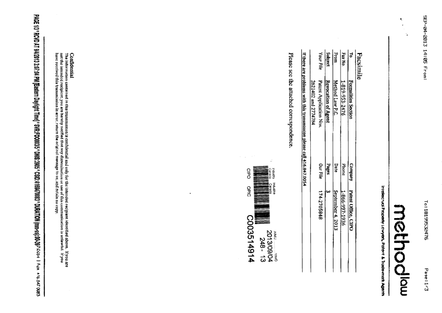 Canadian Patent Document 2621402. Correspondence 20130904. Image 2 of 3
