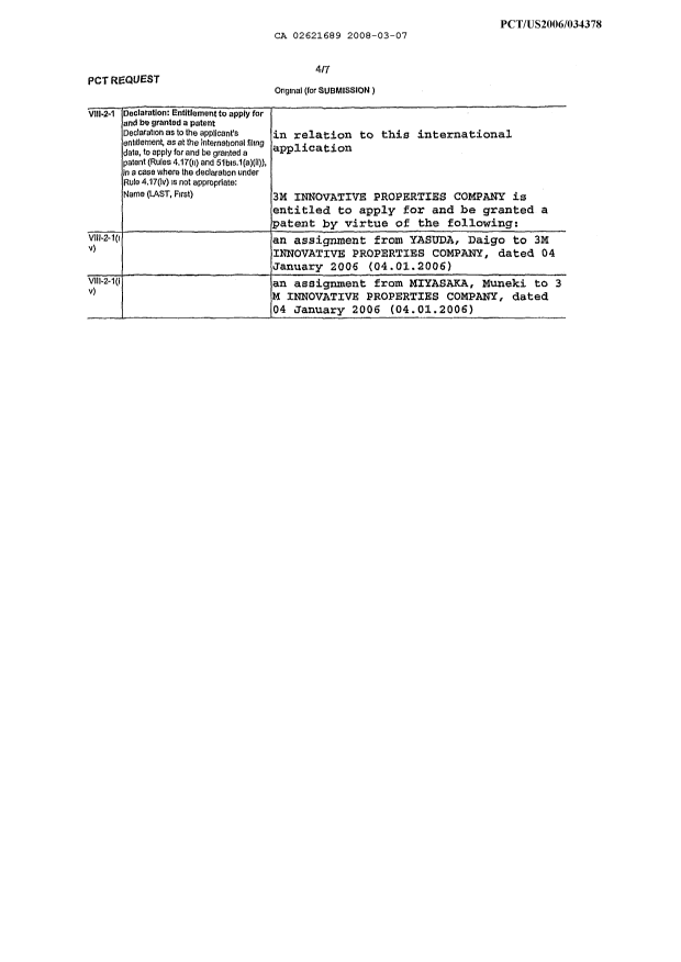 Document de brevet canadien 2621689. Cession 20080307. Image 3 de 3