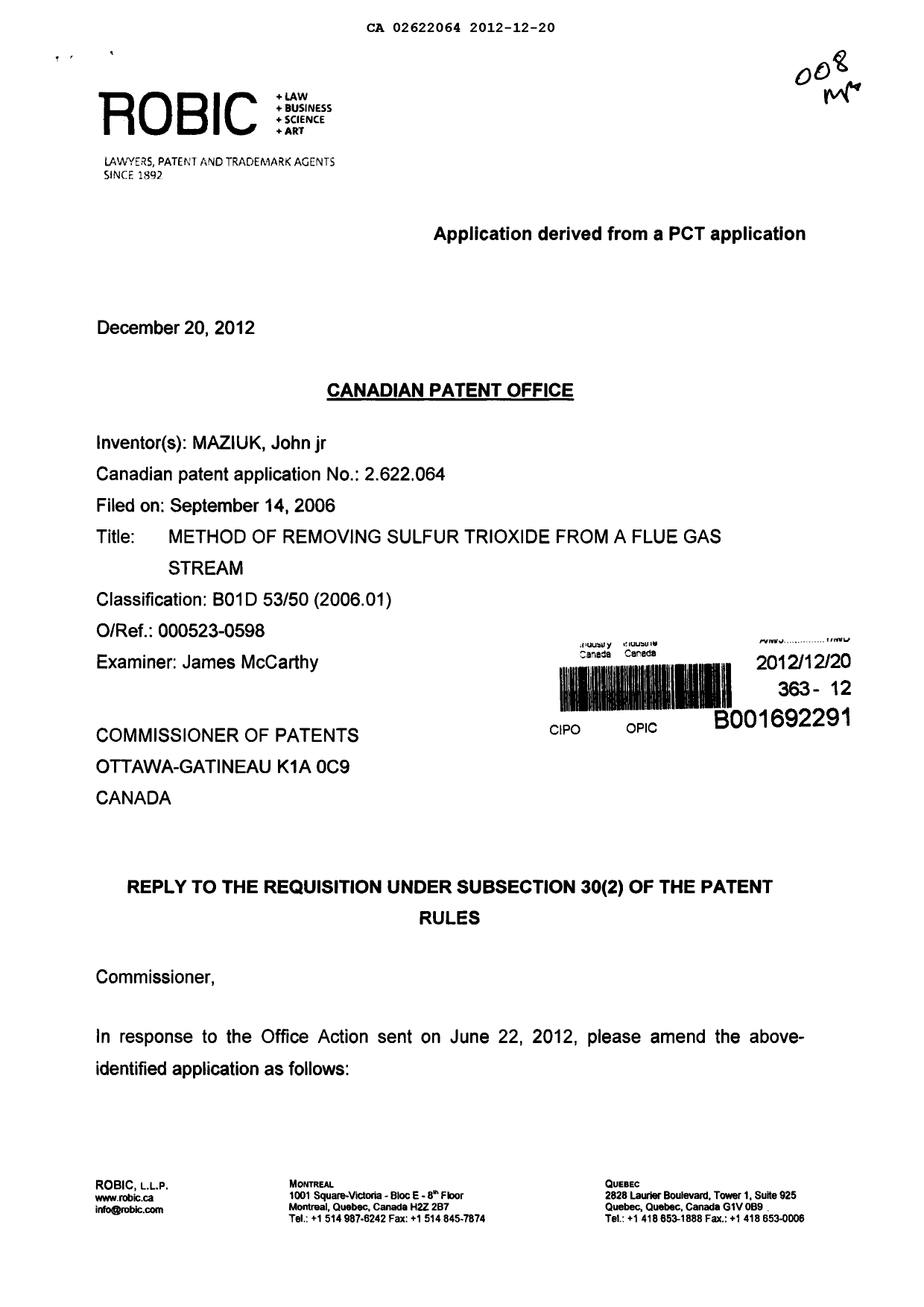 Document de brevet canadien 2622064. Poursuite-Amendment 20121220. Image 1 de 6