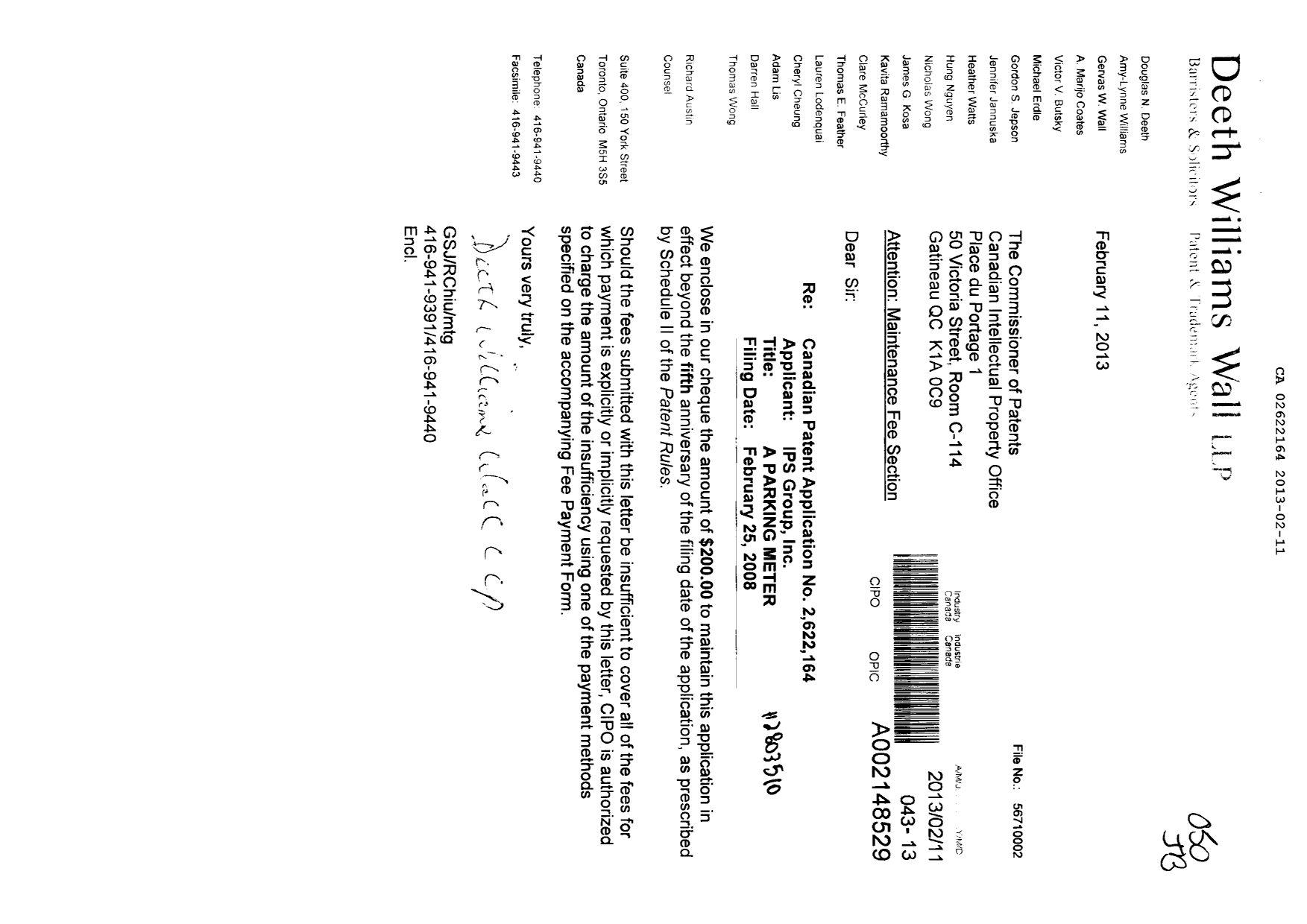 Document de brevet canadien 2622164. Taxes 20121211. Image 1 de 1