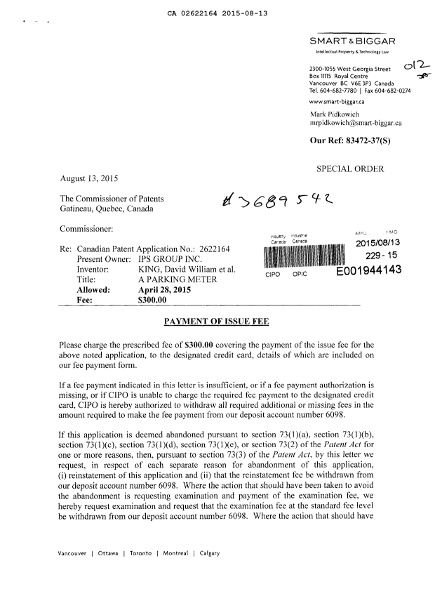 Canadian Patent Document 2622164. Correspondence 20141213. Image 1 of 2