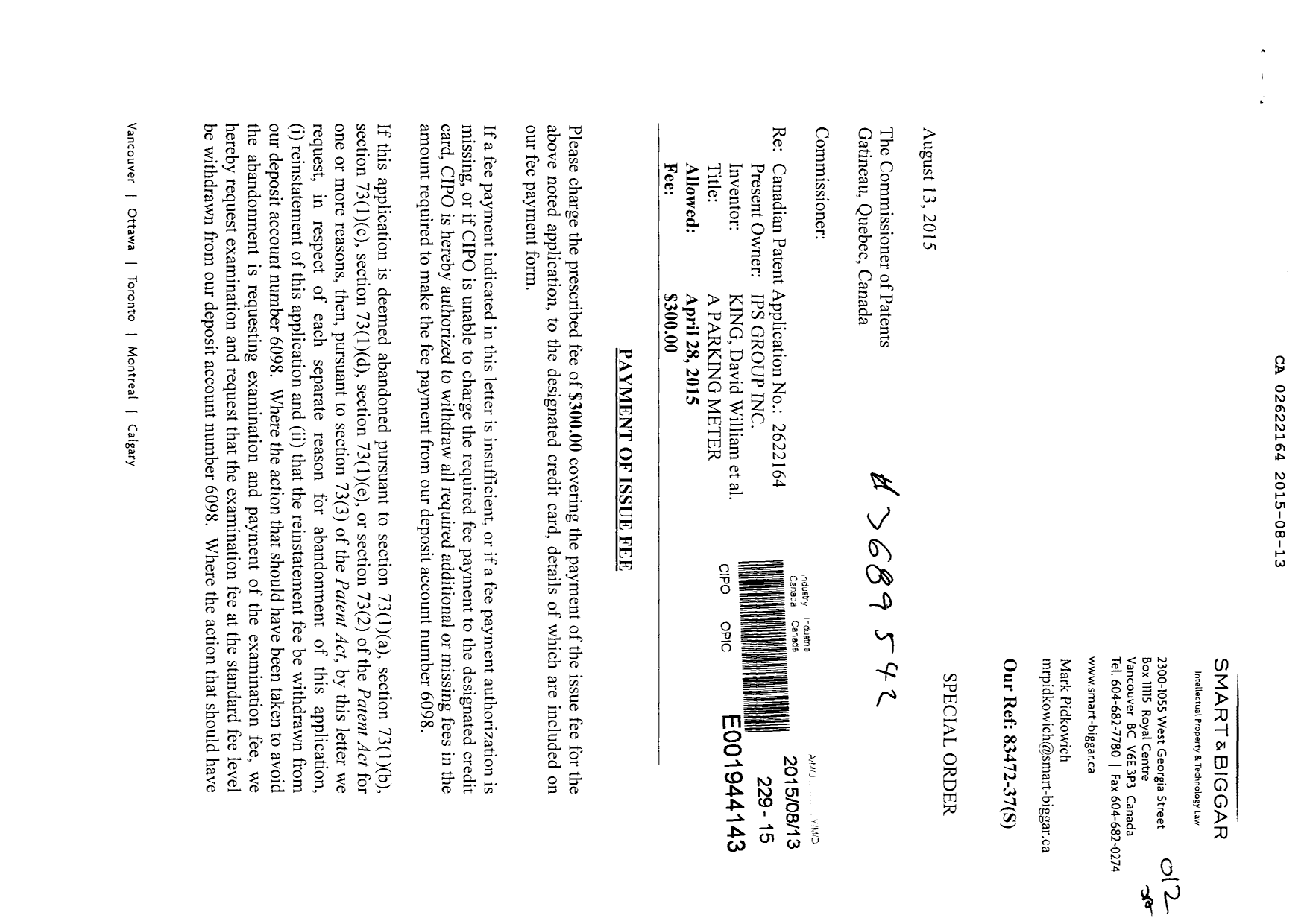Document de brevet canadien 2622164. Correspondance 20141213. Image 1 de 2