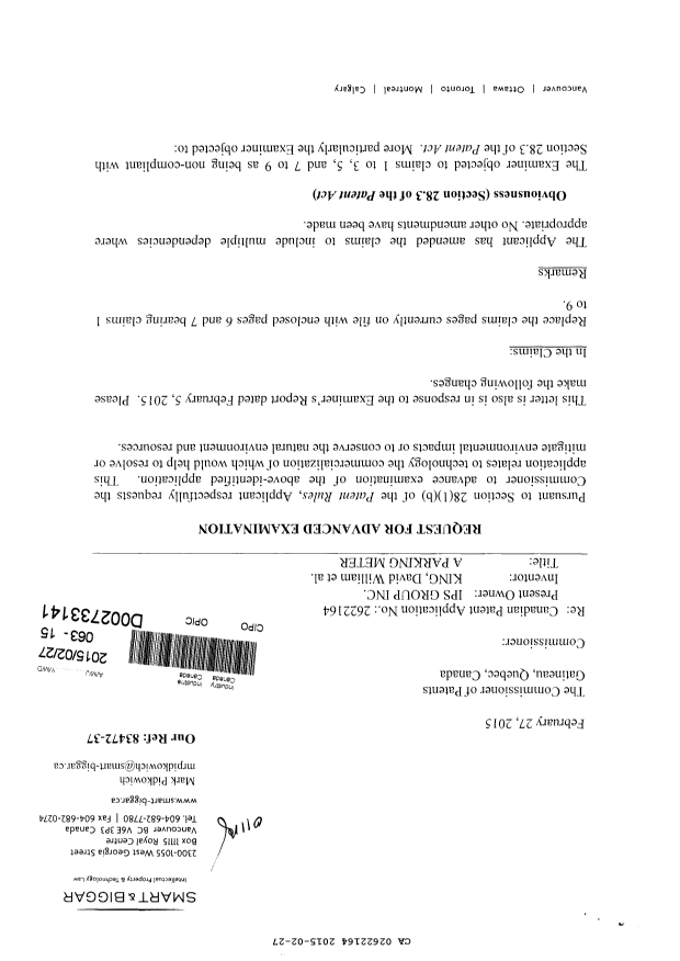 Canadian Patent Document 2622164. Prosecution-Amendment 20141227. Image 1 of 5