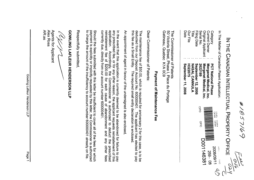 Document de brevet canadien 2622189. Correspondance 20080911. Image 1 de 3