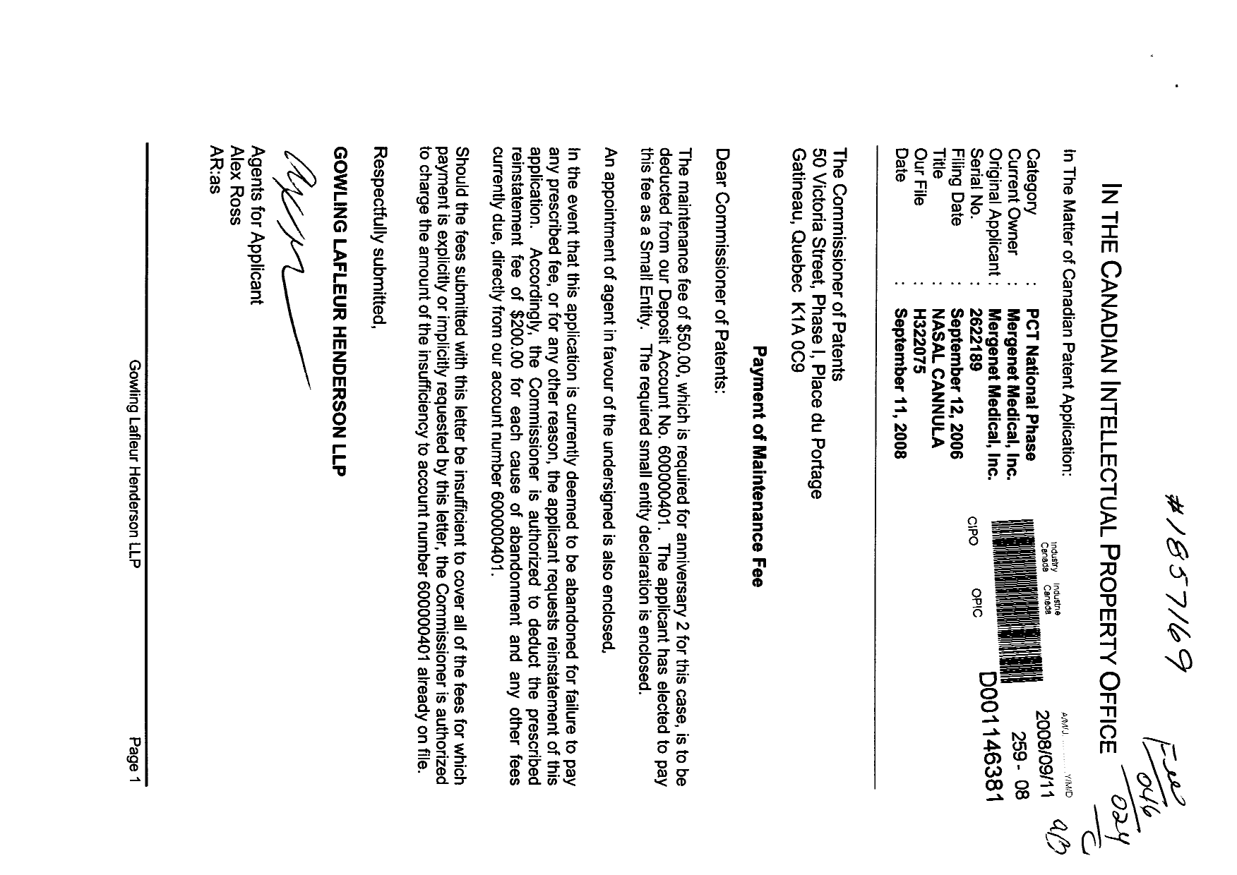 Canadian Patent Document 2622189. Correspondence 20080911. Image 1 of 3