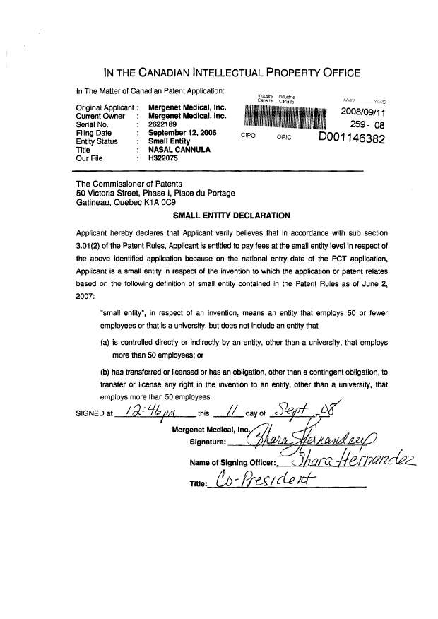 Document de brevet canadien 2622189. Correspondance 20080911. Image 2 de 3
