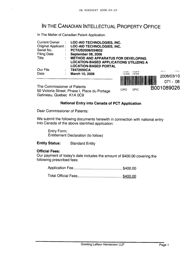 Document de brevet canadien 2622247. Cession 20071210. Image 1 de 4