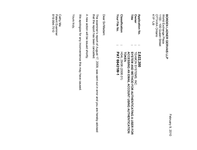 Document de brevet canadien 2622300. Correspondance 20100209. Image 1 de 1