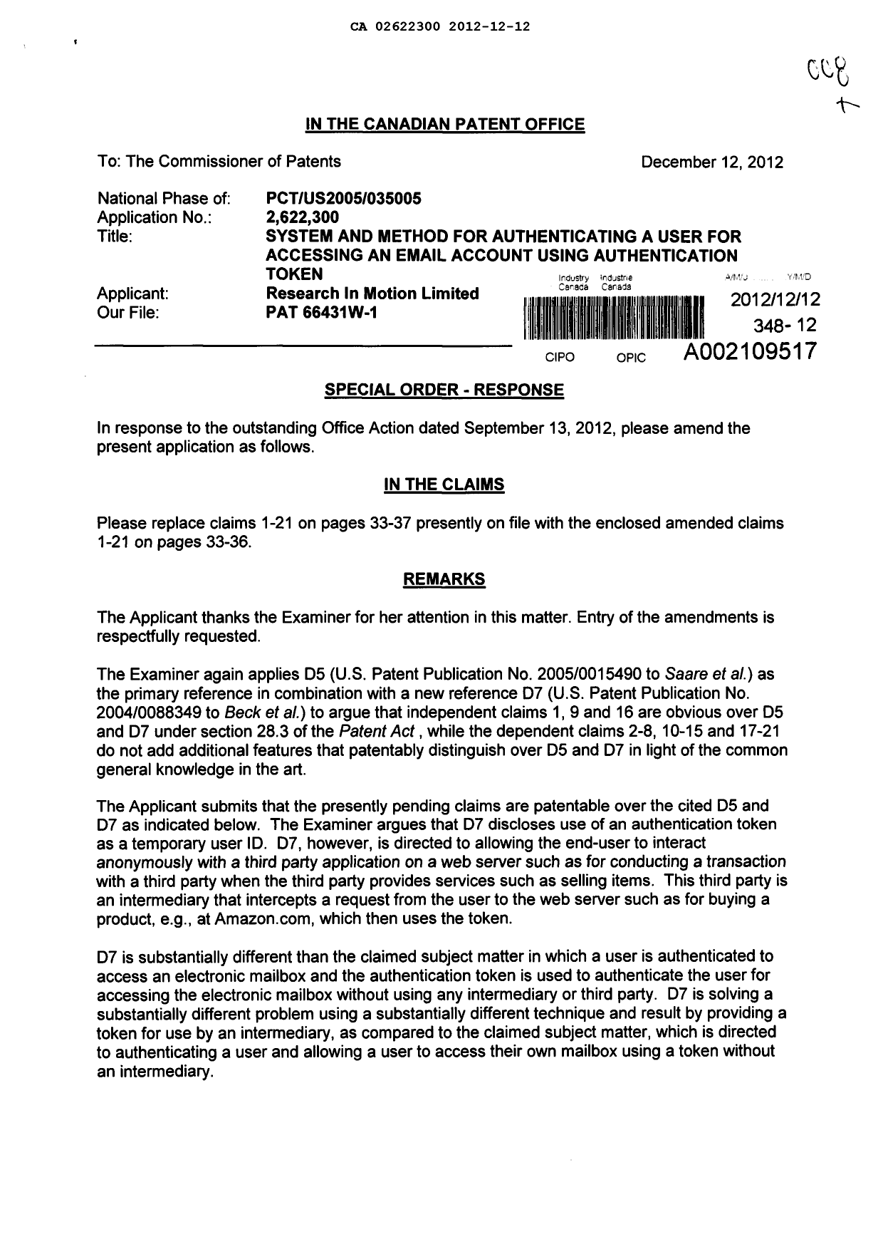 Canadian Patent Document 2622300. Prosecution-Amendment 20121212. Image 1 of 8