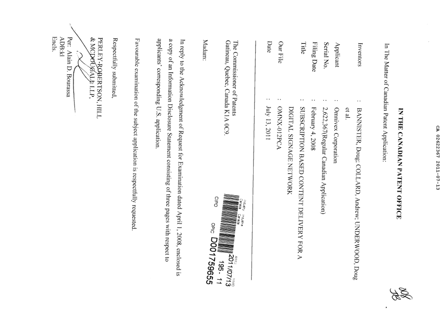 Document de brevet canadien 2622367. Poursuite-Amendment 20110713. Image 1 de 1