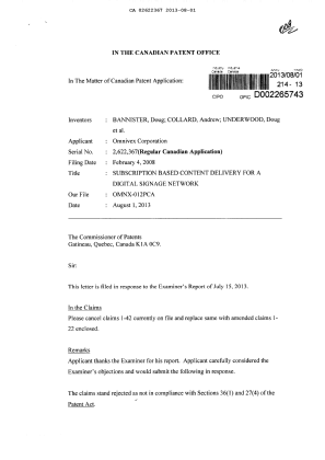 Document de brevet canadien 2622367. Poursuite-Amendment 20130801. Image 1 de 6