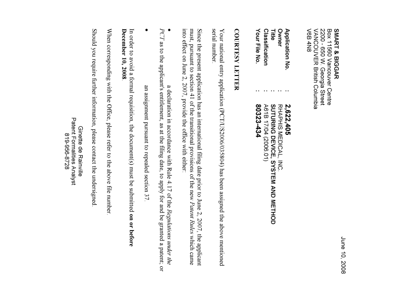 Document de brevet canadien 2622405. Correspondance 20080605. Image 1 de 1