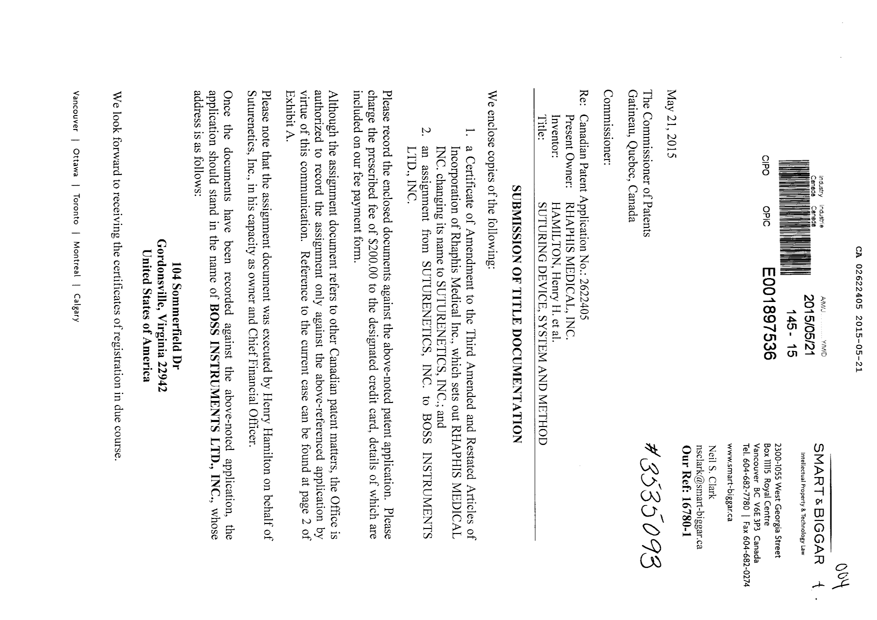 Canadian Patent Document 2622405. Assignment 20150521. Image 1 of 20