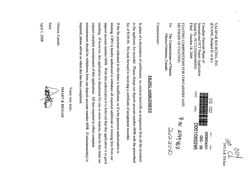Document de brevet canadien 2622550. Cession 20080401. Image 1 de 3