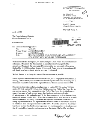 Document de brevet canadien 2623206. Correspondance 20110404. Image 1 de 2