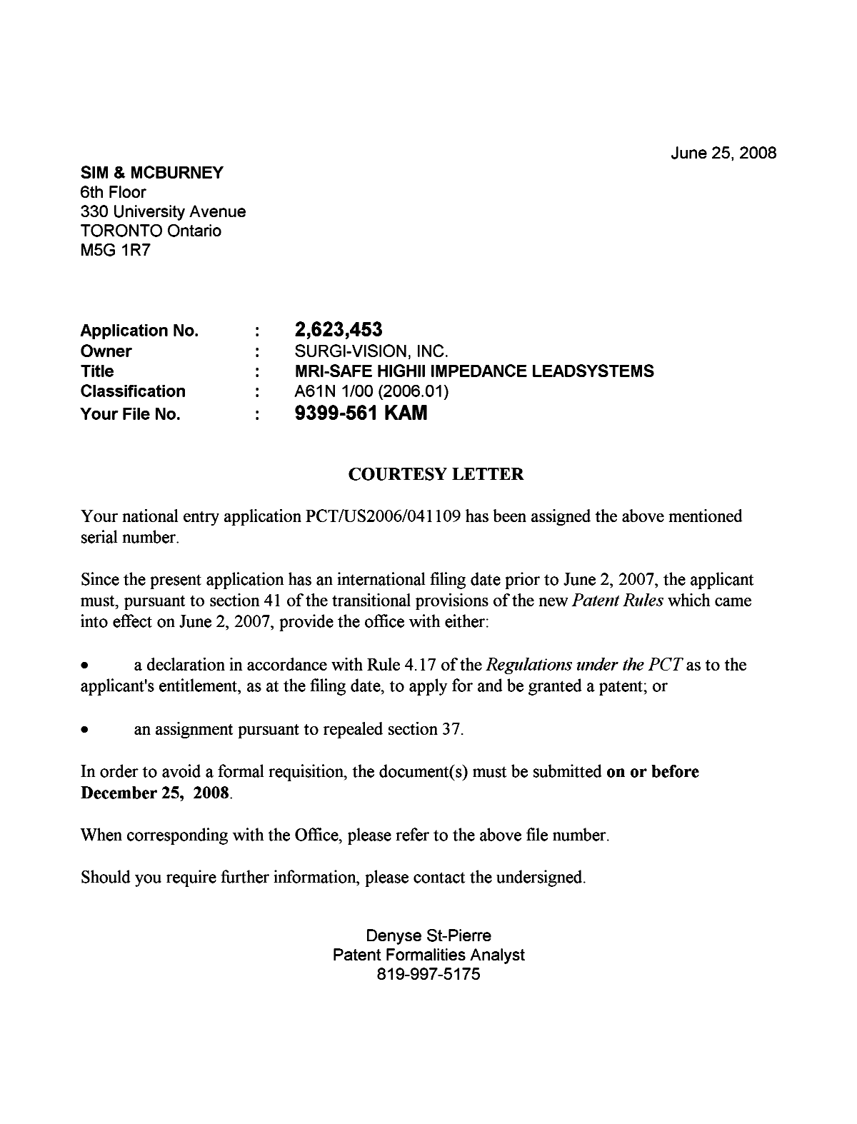 Document de brevet canadien 2623453. Correspondance 20071217. Image 1 de 1