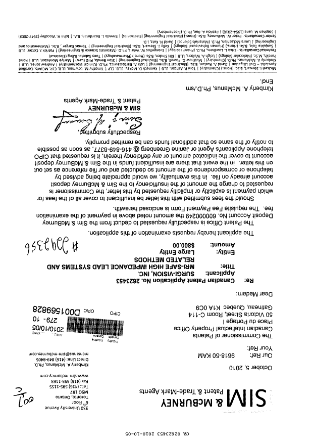Canadian Patent Document 2623453. Prosecution-Amendment 20101005. Image 1 of 1