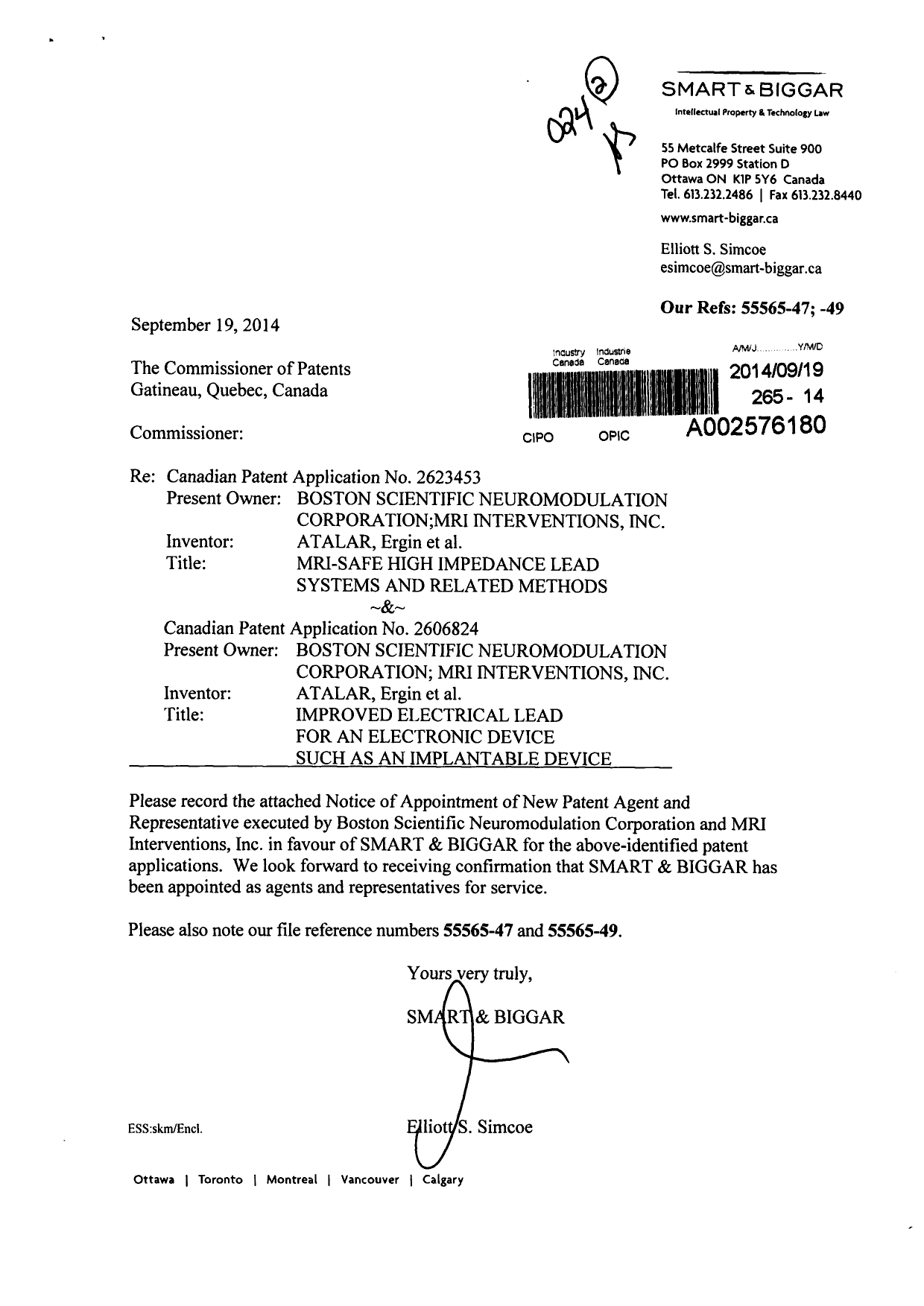 Document de brevet canadien 2623453. Correspondance 20140919. Image 1 de 2