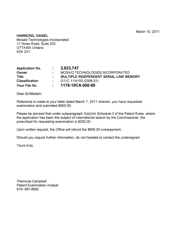 Document de brevet canadien 2623747. Correspondance 20110310. Image 1 de 1