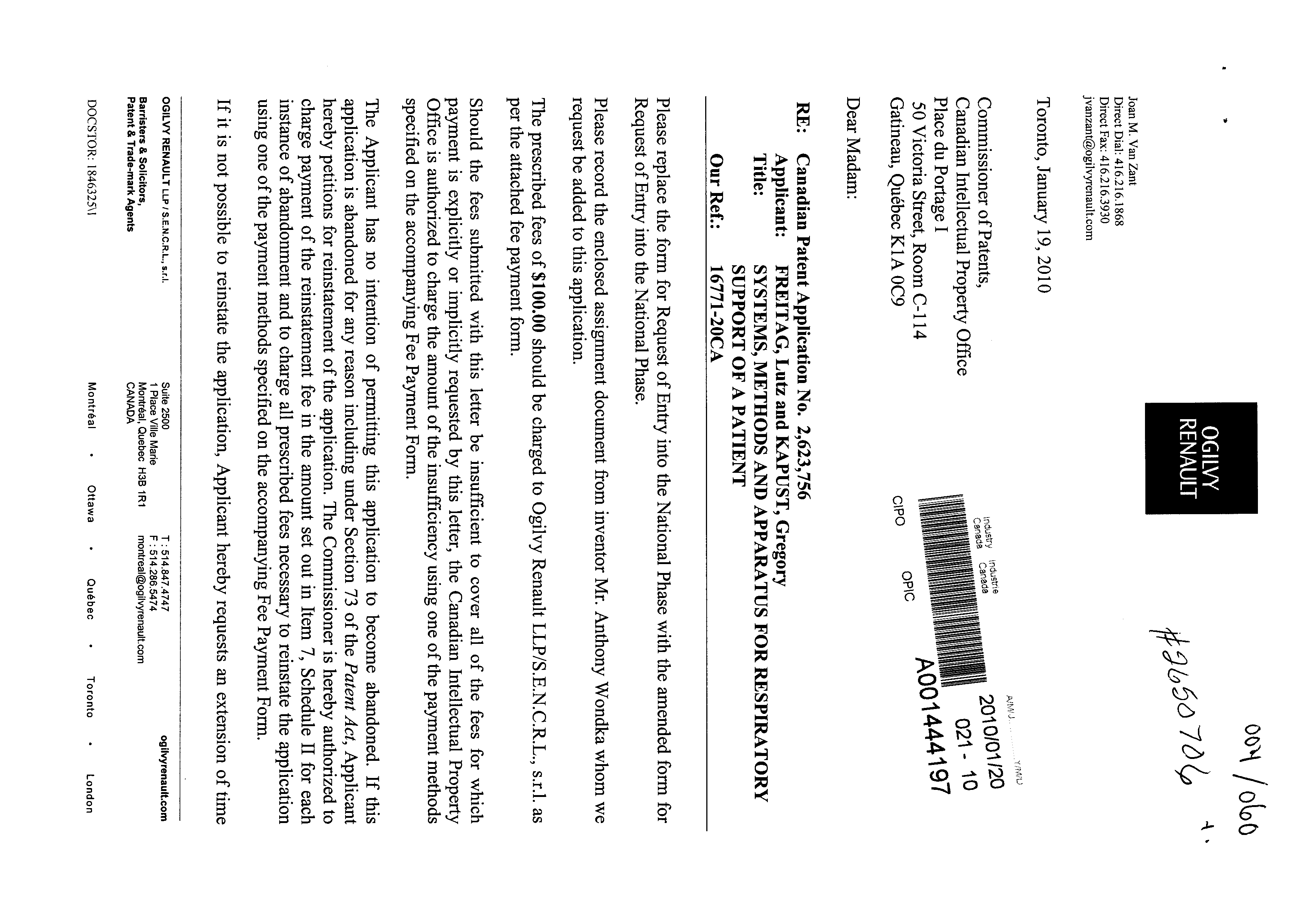 Canadian Patent Document 2623756. Correspondence 20091220. Image 1 of 9