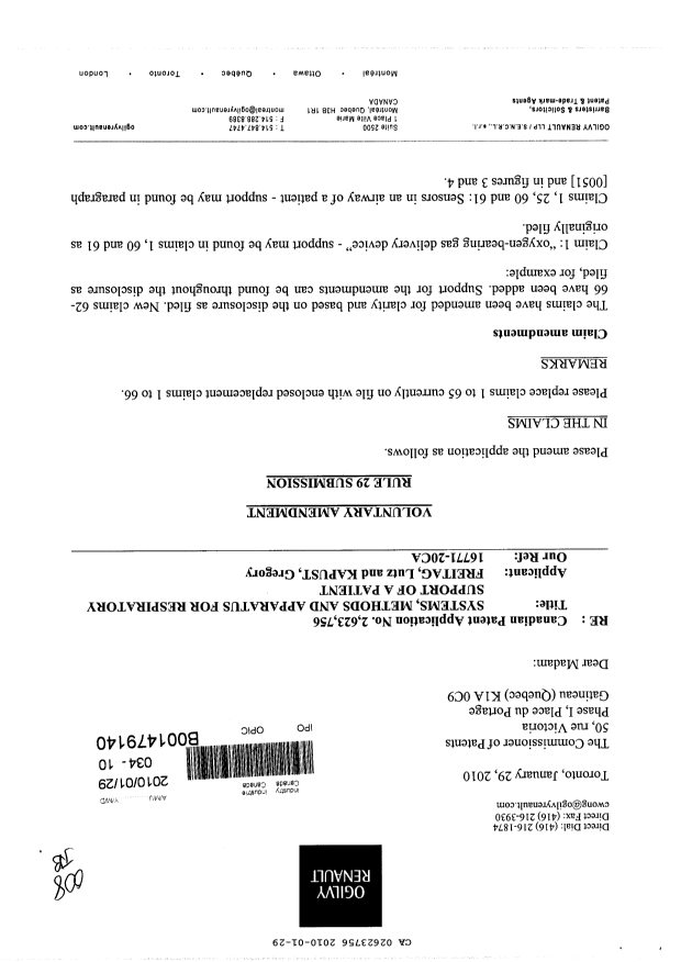 Canadian Patent Document 2623756. Prosecution-Amendment 20100129. Image 1 of 12
